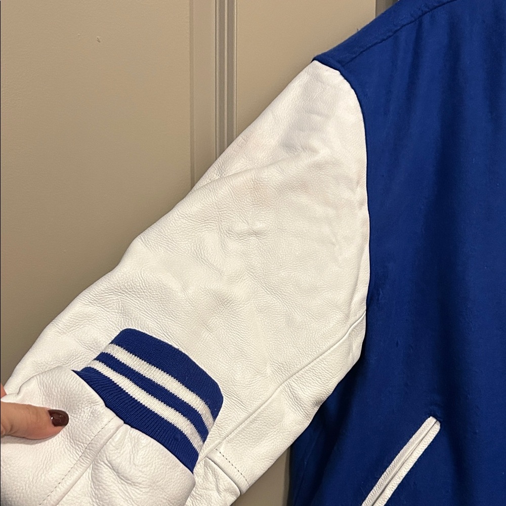 Stylish Blue and White Varsity Jacket - Picture 4 of 11